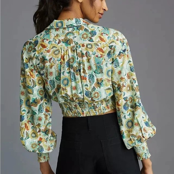 By Anthropologie Twist Crop Top Set Smocked Floral Printed Wrap Blouse - Picture 4 of 13